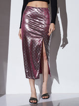 Women's Shimmer Silver Mid-Rise Self Design Front Slit Midi Party Pencil Skirt