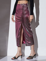 Women's Shimmer Silver Mid-Rise Self Design Front Slit Midi Party Pencil Skirt