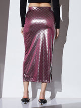 Women's Shimmer Silver Mid-Rise Self Design Front Slit Midi Party Pencil Skirt