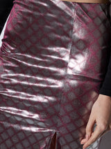 Women's Shimmer Silver Mid-Rise Self Design Front Slit Midi Party Pencil Skirt