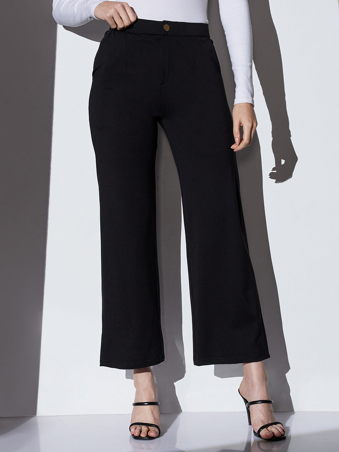 Women's Black Mid-Rise Solid Wide Leg Formal Trouser
