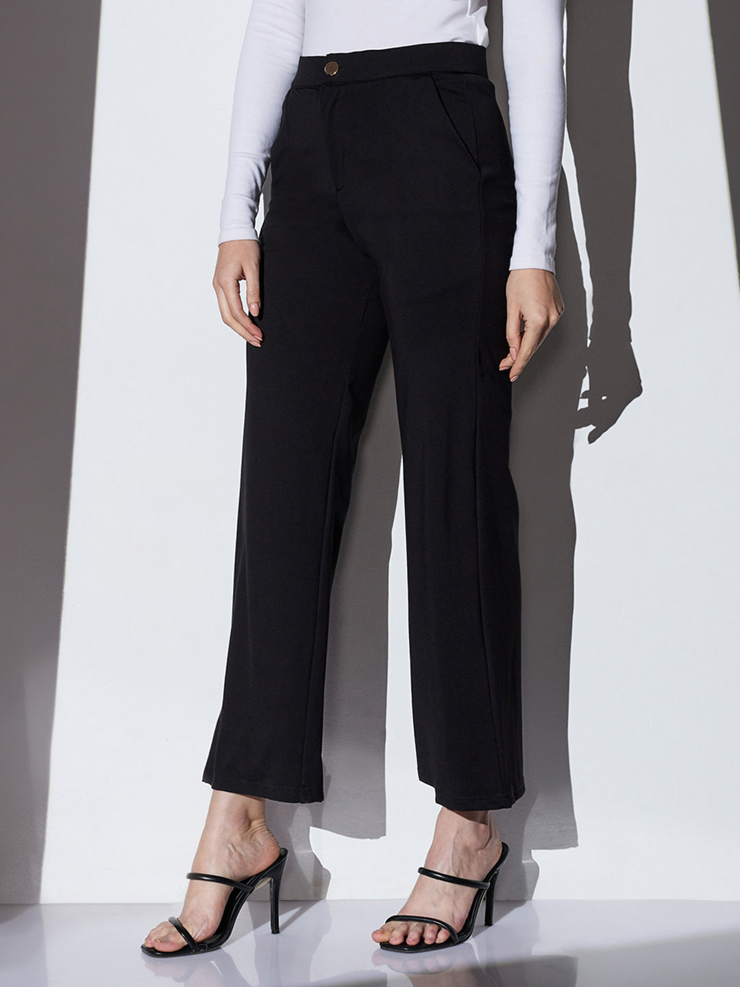 Women's Black Mid-Rise Solid Wide Leg Formal Trouser