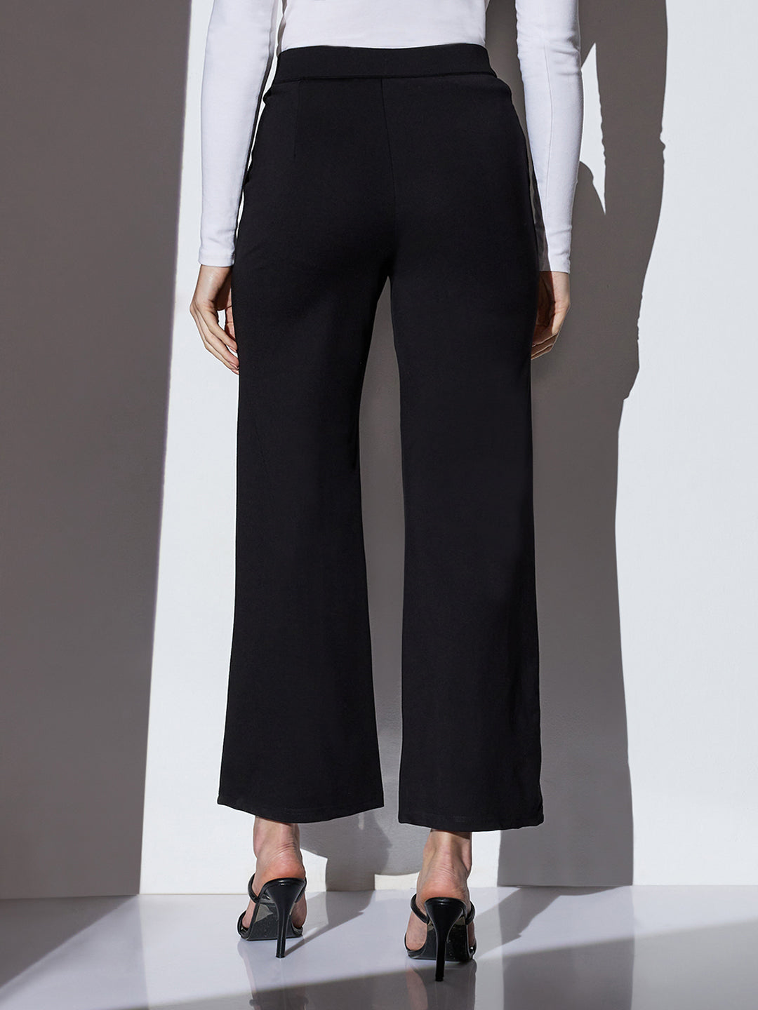 Women's Black Mid-Rise Solid Wide Leg Formal Trouser