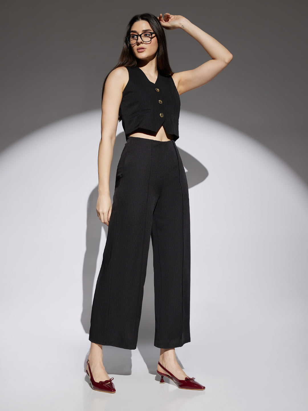 Women's Black Solid Mid Rise Stretchable Wide Leg Cropped Formal Trouser