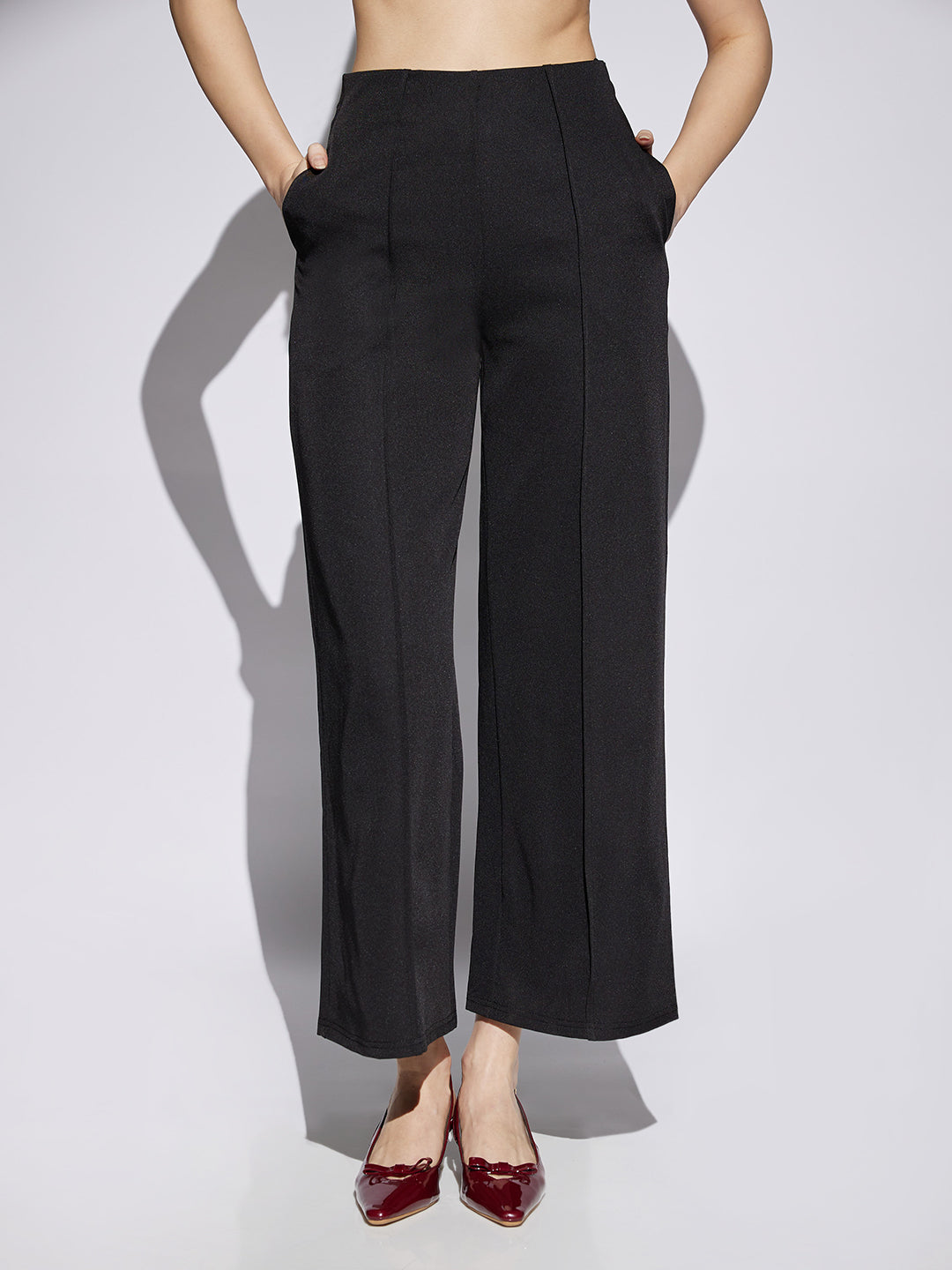 Women's Black Solid Mid Rise Stretchable Wide Leg Cropped Formal Trouser