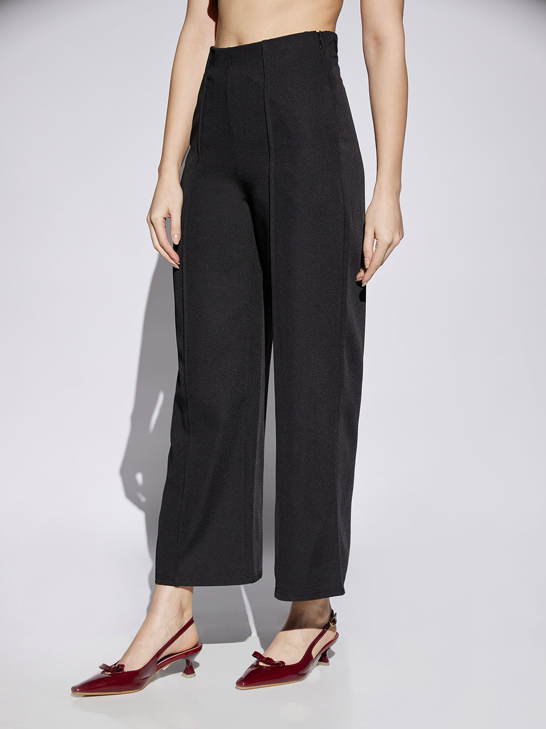 Women's Black Solid Mid Rise Stretchable Wide Leg Cropped Formal Trouser