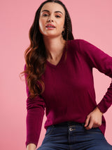 Women's Pink V-Neck Self Design Ribbed Hem Flat Knitted Pullover Sweater