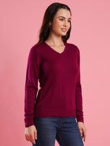 Women's Pink V-Neck Self Design Ribbed Hem Flat Knitted Pullover Sweater