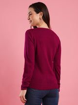 Women's Pink V-Neck Self Design Ribbed Hem Flat Knitted Pullover Sweater