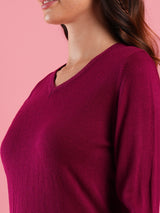 Women's Pink V-Neck Self Design Ribbed Hem Flat Knitted Pullover Sweater
