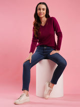 Women's Pink V-Neck Self Design Ribbed Hem Flat Knitted Pullover Sweater