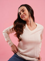 Women's Off White Solid V-Neck Ribbed Knitted Pullover
