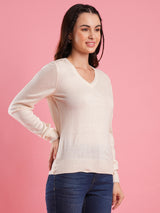 Women's Off White Solid V-Neck Ribbed Knitted Pullover