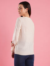 Women's Off White Solid V-Neck Ribbed Knitted Pullover