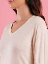 Women's Off White Solid V-Neck Ribbed Knitted Pullover