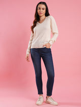 Women's Off White Solid V-Neck Ribbed Knitted Pullover
