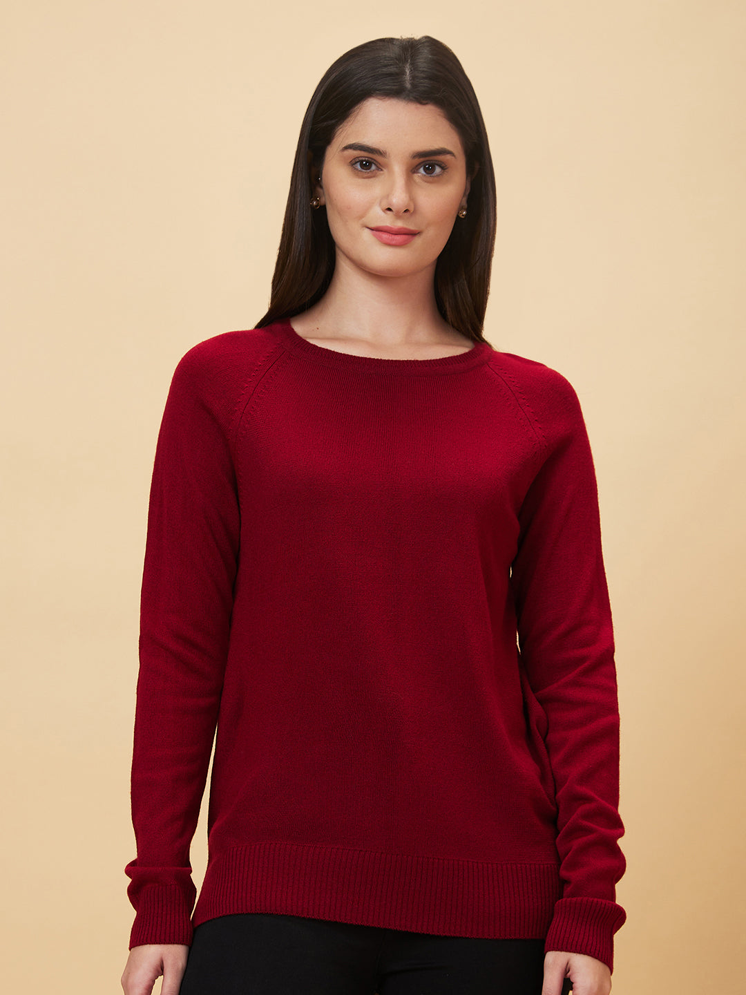 Women's Red Raglan Sleeve Acrylic Sweater