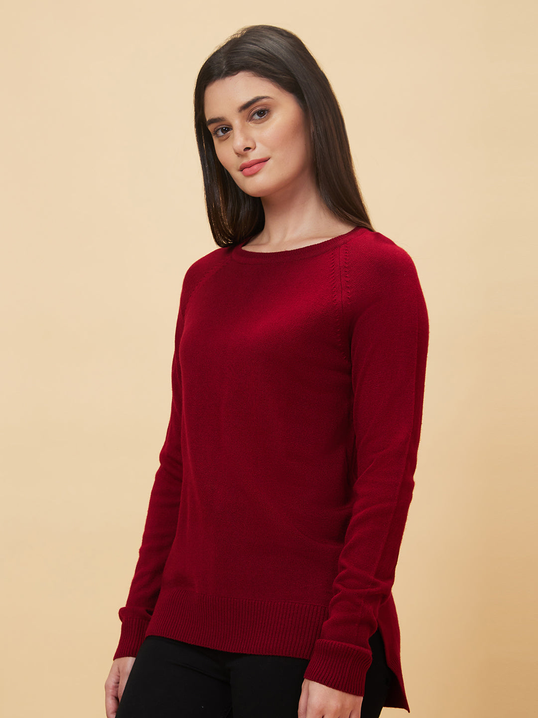 Women's Red Raglan Sleeve Acrylic Sweater