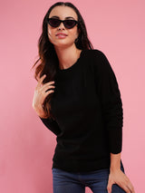 Women's Black Solid Ribbed Knitted Pullover