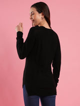 Women's Black Solid Ribbed Knitted Pullover