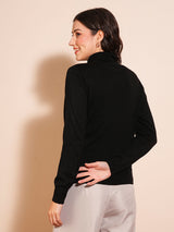 Women's Black Solid Turtle Neck Pullover Sweater