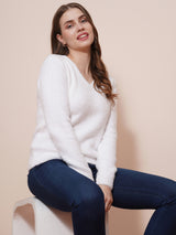 Women's White Cable Knit Self Design V-Neck Pullover Sweater