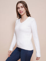 Women's White Cable Knit Self Design V-Neck Pullover Sweater