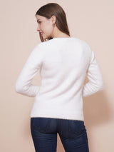 Women's White Cable Knit Self Design V-Neck Pullover Sweater