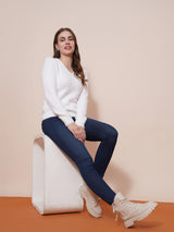 Women's White Cable Knit Self Design V-Neck Pullover Sweater