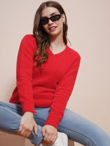 Women's Red Cable Knit V-Neck Acrylic Pullover Sweater