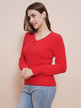 Women's Red Cable Knit V-Neck Acrylic Pullover Sweater