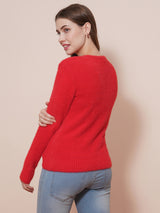 Women's Red Cable Knit V-Neck Acrylic Pullover Sweater
