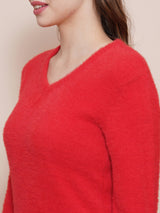 Women's Red Cable Knit V-Neck Acrylic Pullover Sweater