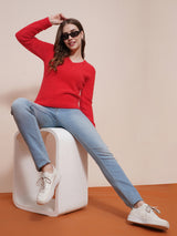 Women's Red Cable Knit V-Neck Acrylic Pullover Sweater