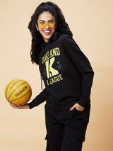 Women's Black Typography Print Hooded Casual Boxy Fit Pullover Hoodie