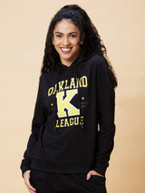 Women's Black Typography Print Hooded Casual Boxy Fit Pullover Hoodie