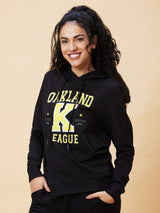 Women's Black Typography Print Hooded Casual Boxy Fit Pullover Hoodie