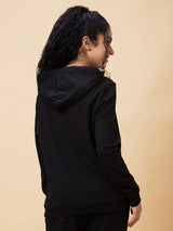 Women's Black Typography Print Hooded Casual Boxy Fit Pullover Hoodie