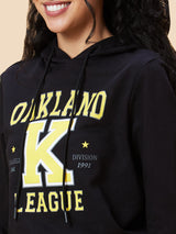 Women's Black Typography Print Hooded Casual Boxy Fit Pullover Hoodie