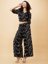 Women's Abstract Print Wrap Tie-Back Crop Top and Flared Palazzos Co-Ord Set