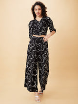 Women's Abstract Print Wrap Tie-Back Crop Top and Flared Palazzos Co-Ord Set