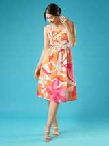 Women's Floral Print Square Neck Shoulder Straps Bow Design Panelled Fit and Flare Midi Dress