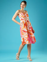 Women's Floral Print Square Neck Shoulder Straps Bow Design Panelled Fit and Flare Midi Dress