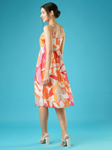 Women's Floral Print Square Neck Shoulder Straps Bow Design Panelled Fit and Flare Midi Dress