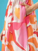 Women's Floral Print Square Neck Shoulder Straps Bow Design Panelled Fit and Flare Midi Dress