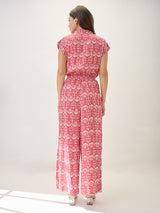 Women's Shirt Collar Extended Sleeves Abstract Print Cut Out Detail Waist Tie-Up Jumpsuit