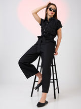 Women's Shirt Collar Extended Sleeves Front Pockets Utility Belted Jumpsuit