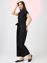 Women's Shirt Collar Extended Sleeves Front Pockets Utility Belted Jumpsuit