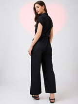 Women's Shirt Collar Extended Sleeves Front Pockets Utility Belted Jumpsuit