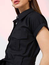 Women's Shirt Collar Extended Sleeves Front Pockets Utility Belted Jumpsuit